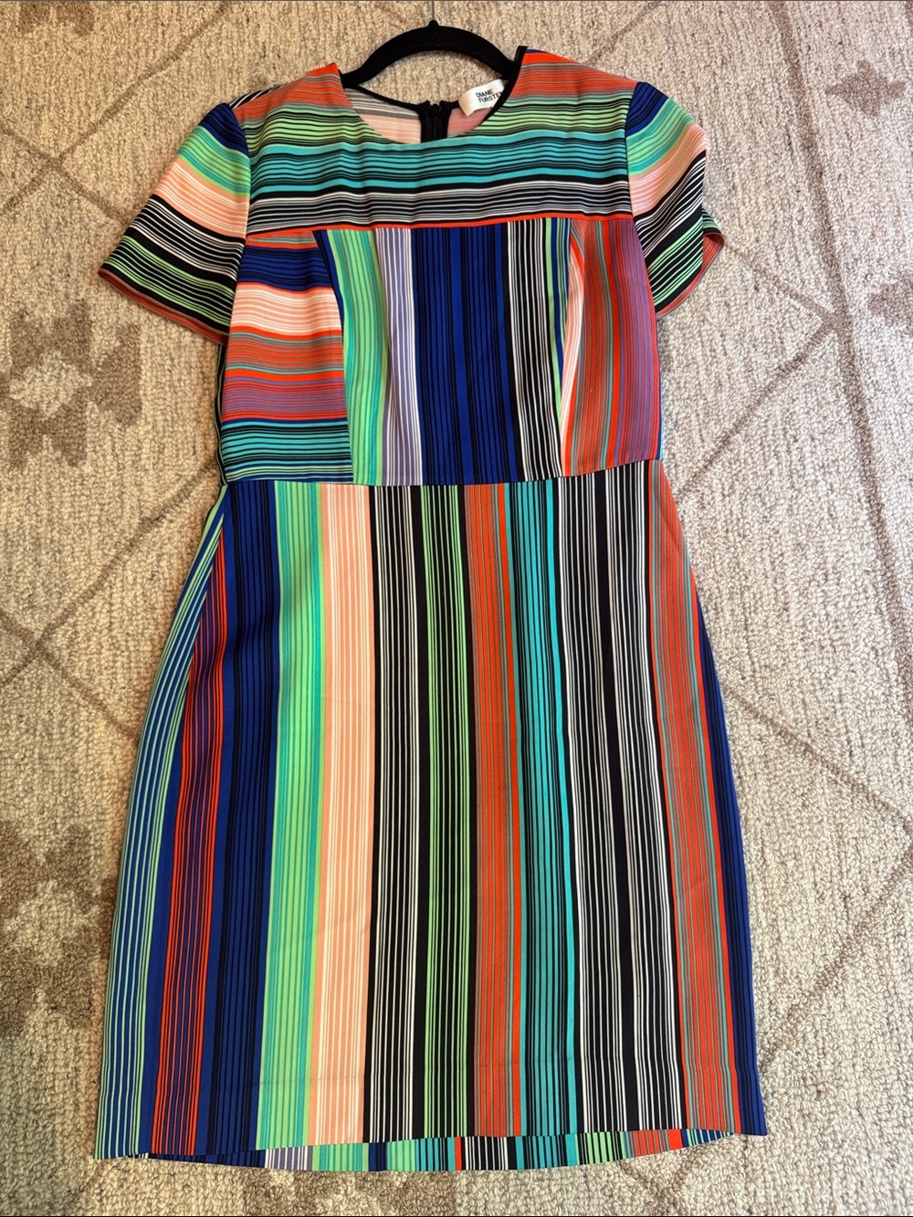 Diane Von Furstenberg Multicolor Striped Mini Dress in Blue, Green, Coral, Black